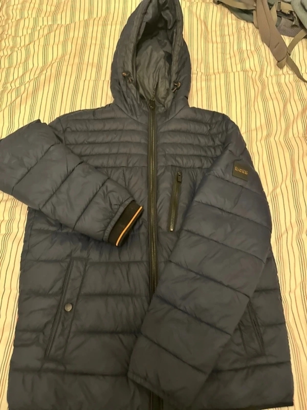 Boss Men's Hooded Quilted Puffer Jacket in Navy Blue